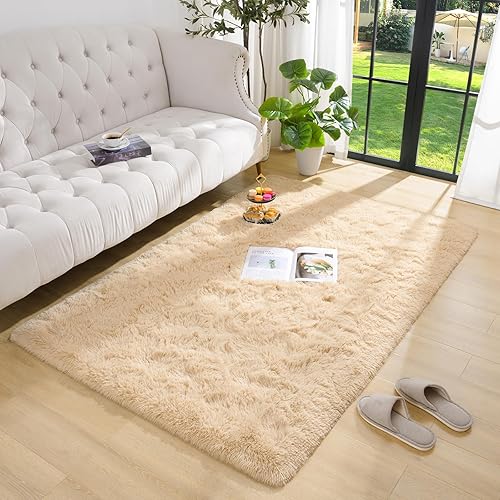 Miniatura 3 de Alfombra beige para sala de estar, 5 x 8 pies, alfombra suave y esponjosa para dormitorio, habitación principal, comedor, habitación de los niños,