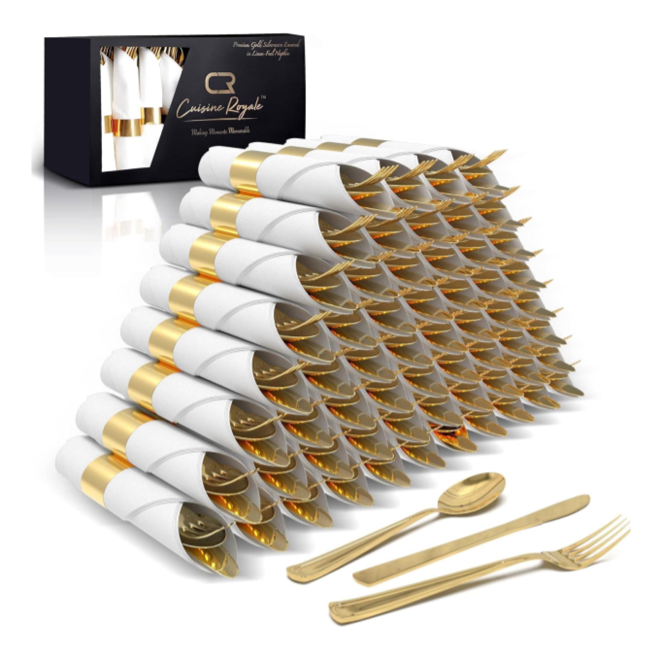 Prestee 200 Pieces Pre Rolled Gold Plastic Silverware Set for 50 Guests - Premium Disposable Silverware Set with Napkins - Wrapped Utensils with Forks, Knives, Spoons, Napkins for Weddings and Events