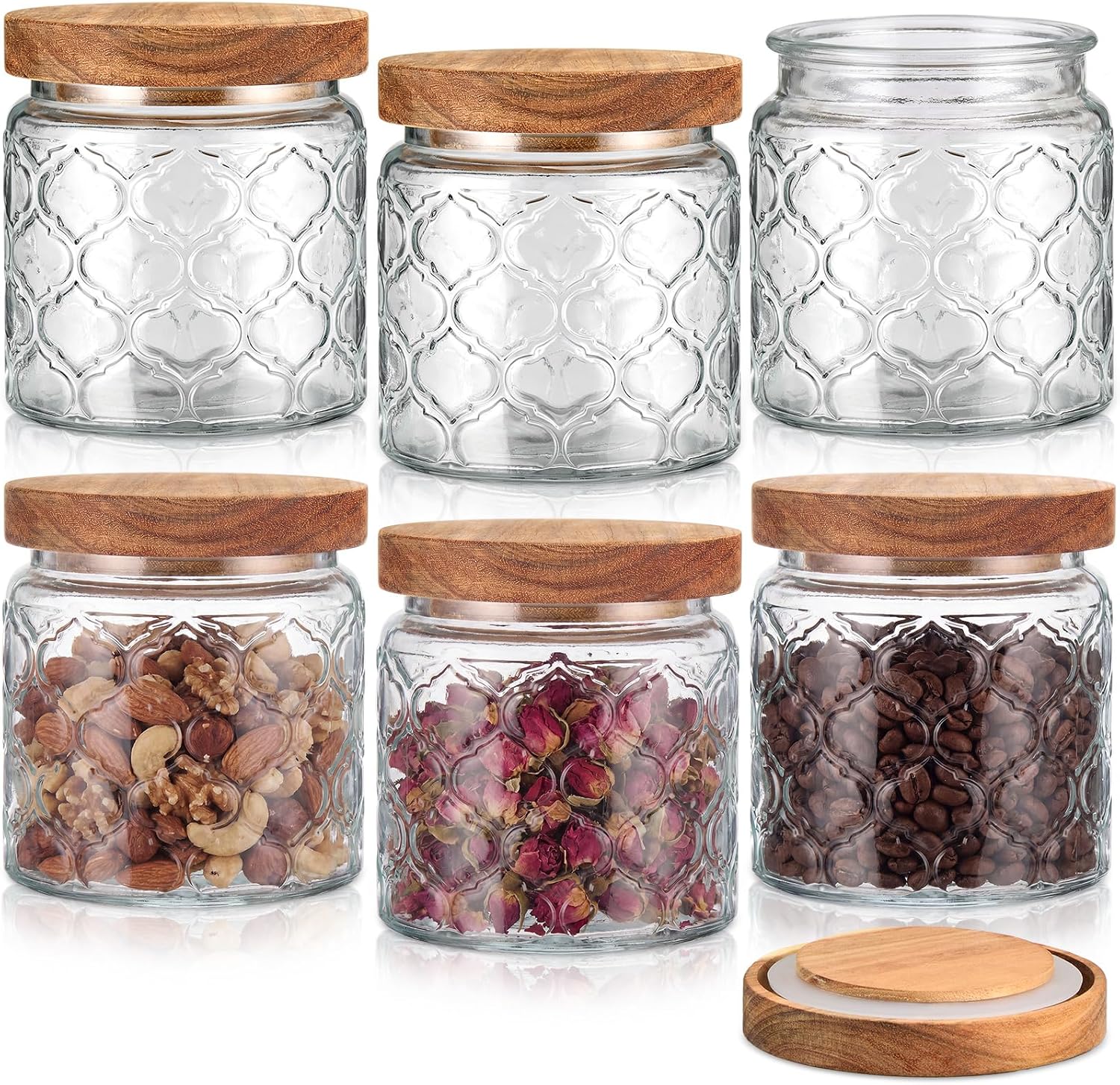 Suclain 6 Pcs 17 OZ Vintage Glass Jar with Acacia Wood Lids Airtight Glass Storage Canisters Kitchen Spice Jars Food Storage Containers for Pantry Coffee Grains Tea Sugar Flour(Fan-shaped)