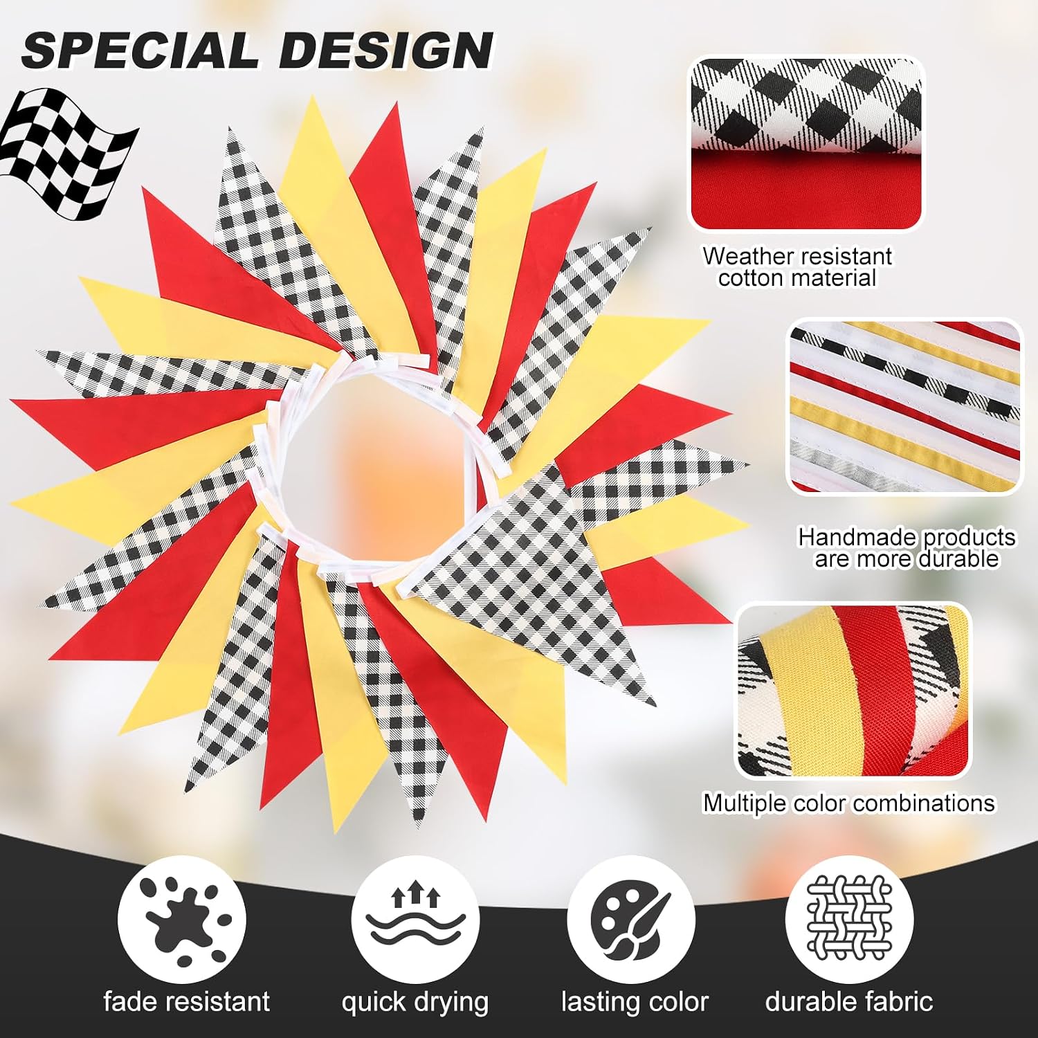 Racing Car Birthday Party Decorations, Checkered Pennant Banner, Red Yellow, 33 Feet, 30 Flags