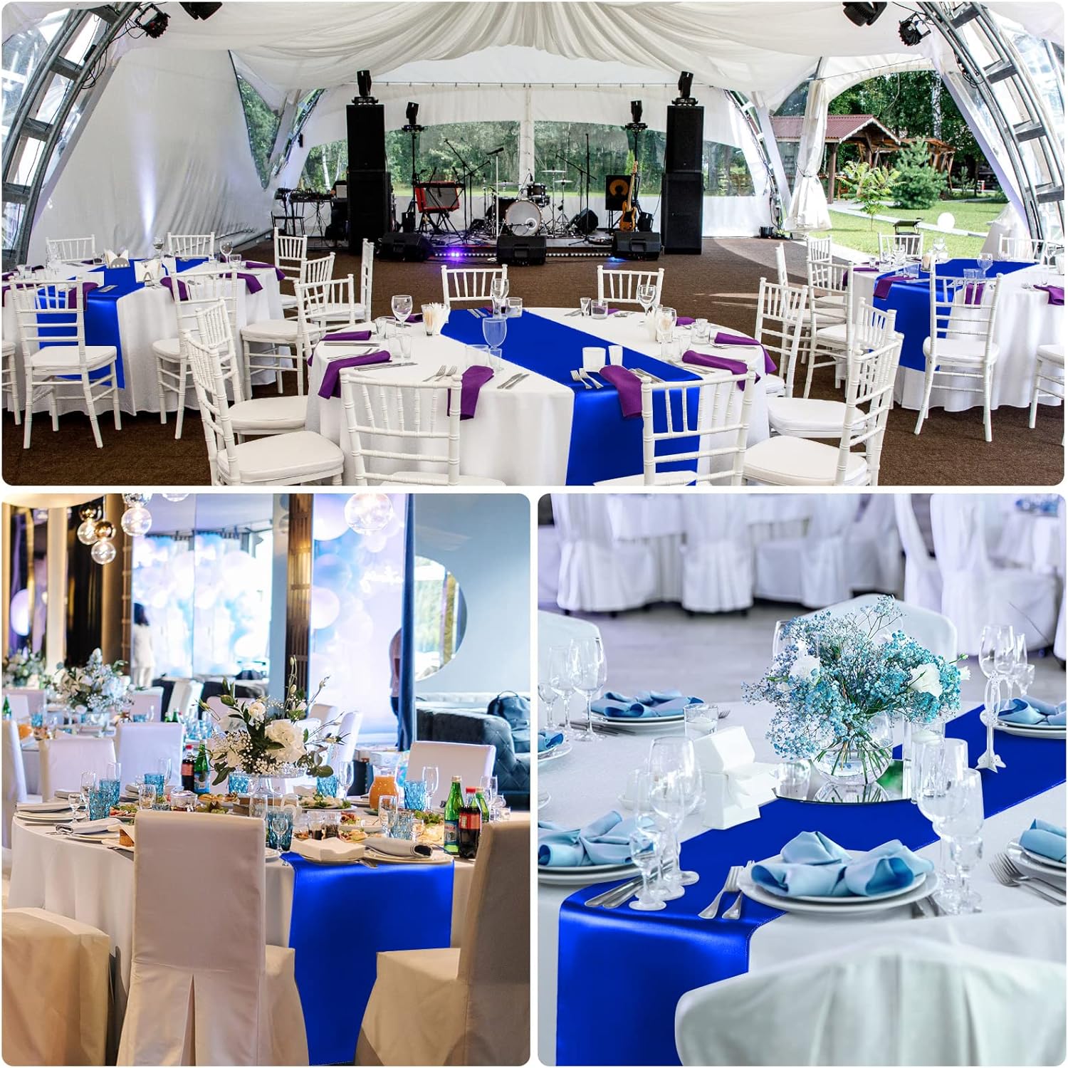 Queekay 24 Pcs 84'' Round Plastic Tablecloth 12 x 108'' Satin Table Runners Set White Plastic Table Covers Round Waterproof Cloths for Wedding Party Decor Baby Shower Birthday(Royal Blue)