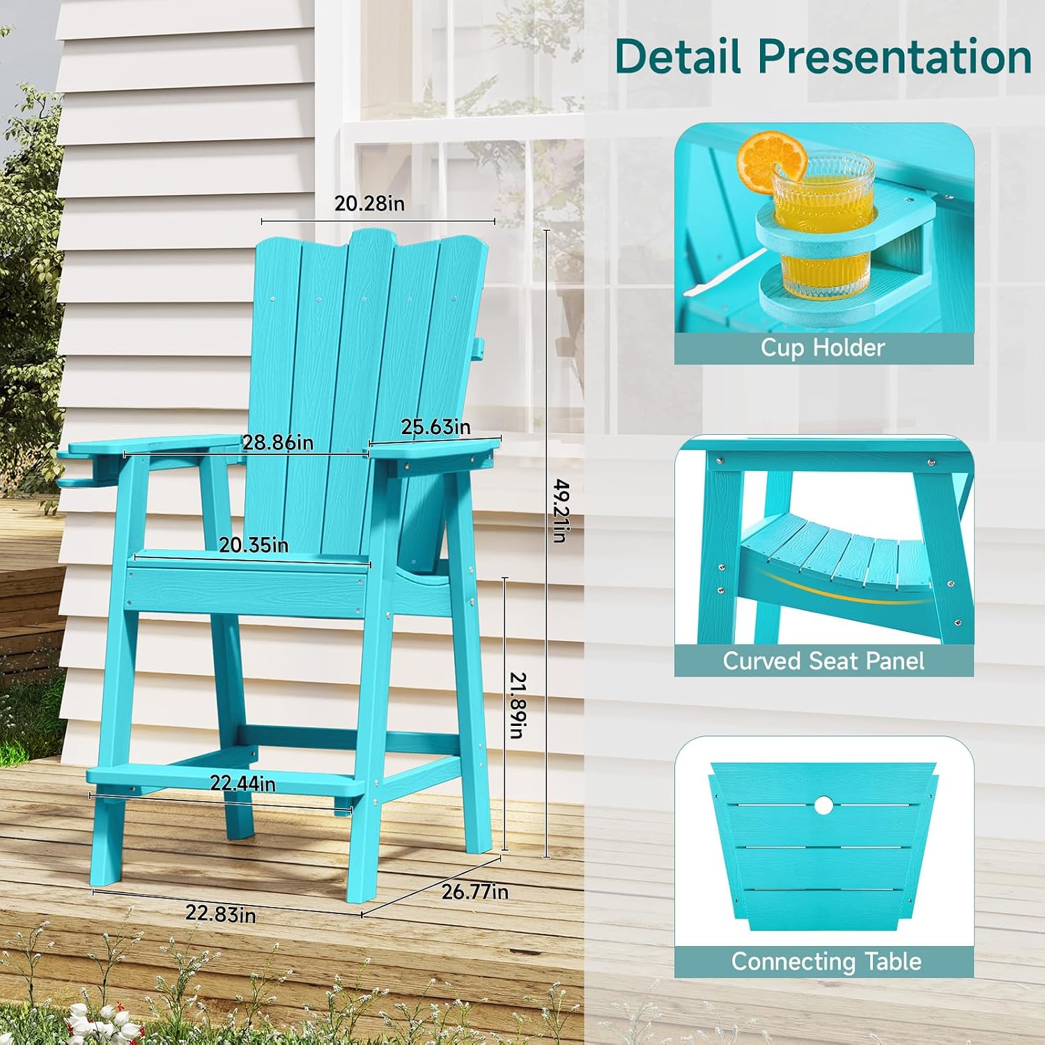 ONBRILL Tall Adirondack Chairs Set of 2, HDPS Patio Adirondack Chairs, Tall Balcony Chair with Connecting Tray, Bar Height Chairs with CupHolder and Umbrella Hole, No Fade, No Break