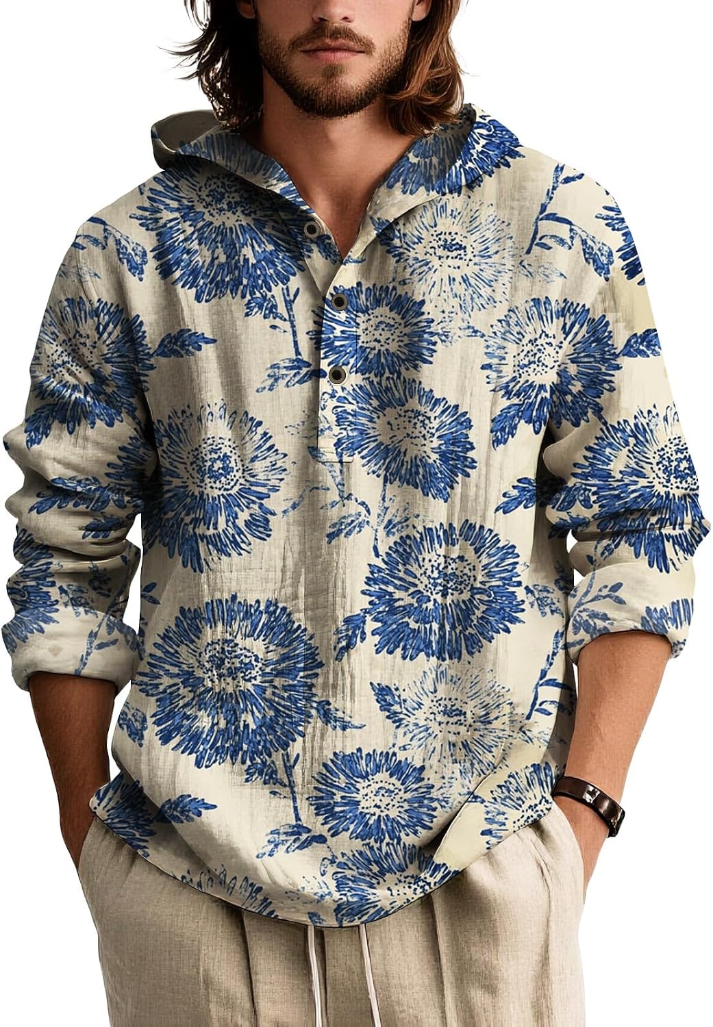 Men's Hooded Button Up Shirt Retro Graphic Long Sleeve Casual Summer Hawaiian Shirt Tops for Beach Vacation
