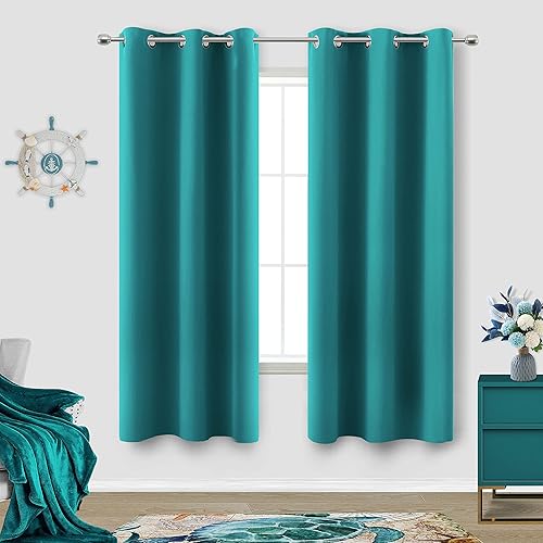 KOUFALL Coastal Decor Marine Teal Curtains 63 Inch Length for Bedroom Ocean Decor Room Darkening Blackout Curtain for Boat Windows Beach Wall Decor
