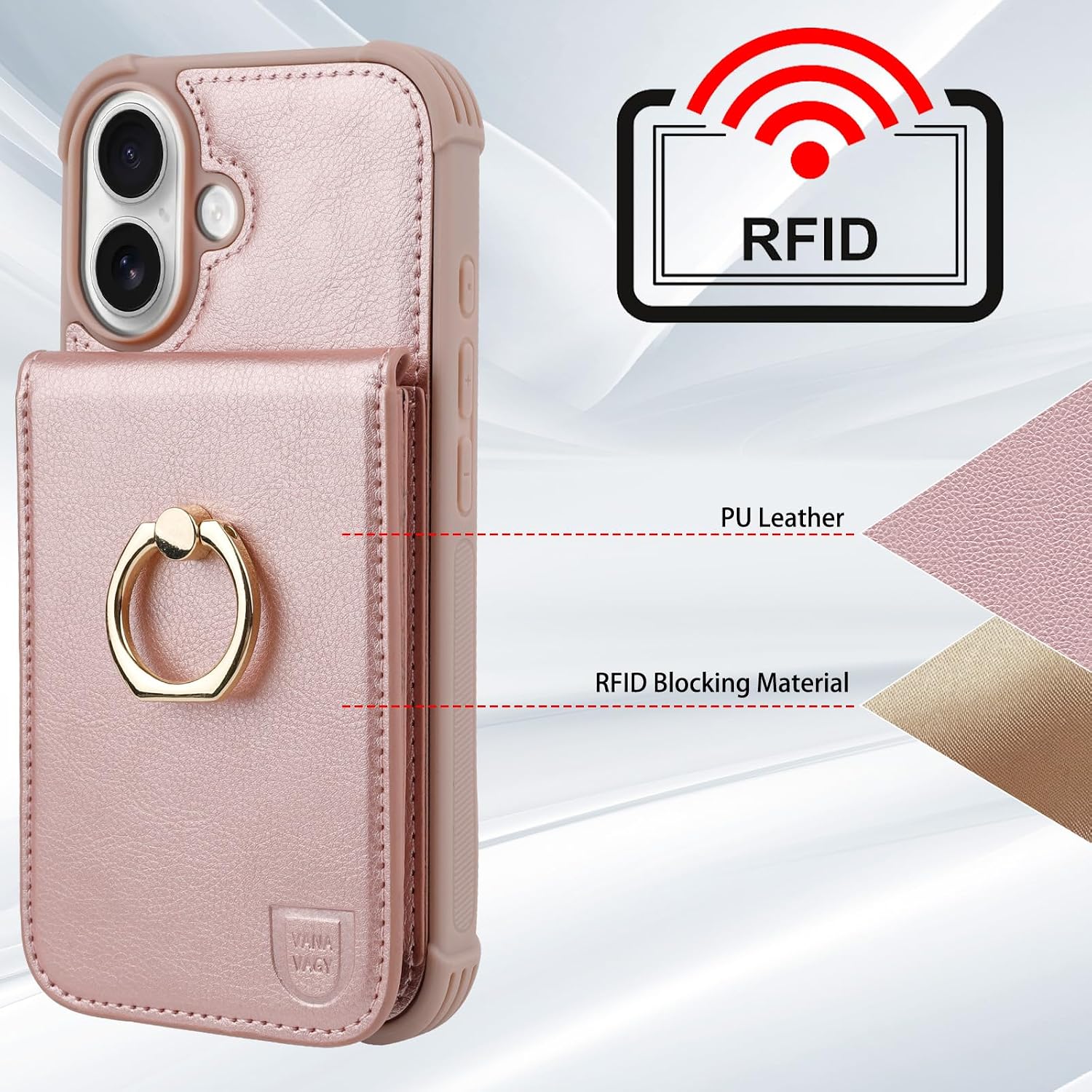 VANAVAGY Compatible for iPhone 16 Plus Wallet Case with Credit Card Holder Coin Pocket [360° Rotation Ring Kickstand], PU Leather Magnetic Clasp Phone Case for Women Men 6.7 Inch, Rose Gold