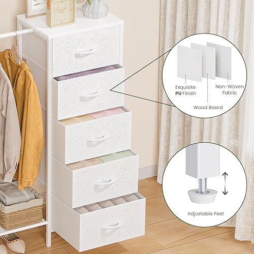 Miniatura 4 de Snughome Dresser with Hanging Rack, Clothes Hanging Rack with 5 Drawers, White Dresser with Clothes Rack, Fabric Storage Chest of Drawers, Small