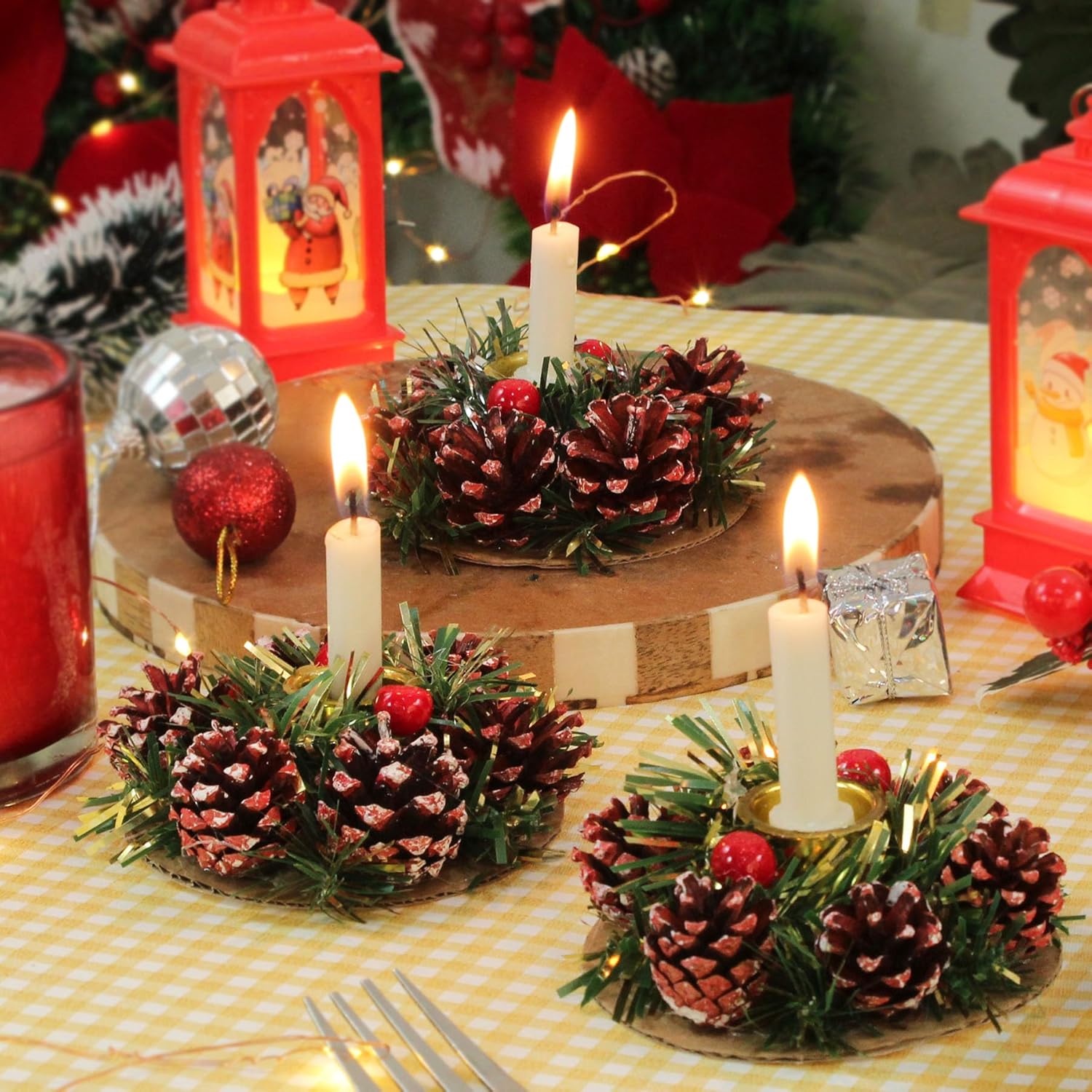 TIED RIBBONS Set of 3 Candle Holder Tealight Stand for Dining Table Indoor Outdoor Decoration Xmas Decor (Multi, 8.8 cm) – Christmas Decorations Items for Home Office Church Gifts Office Church Gifts