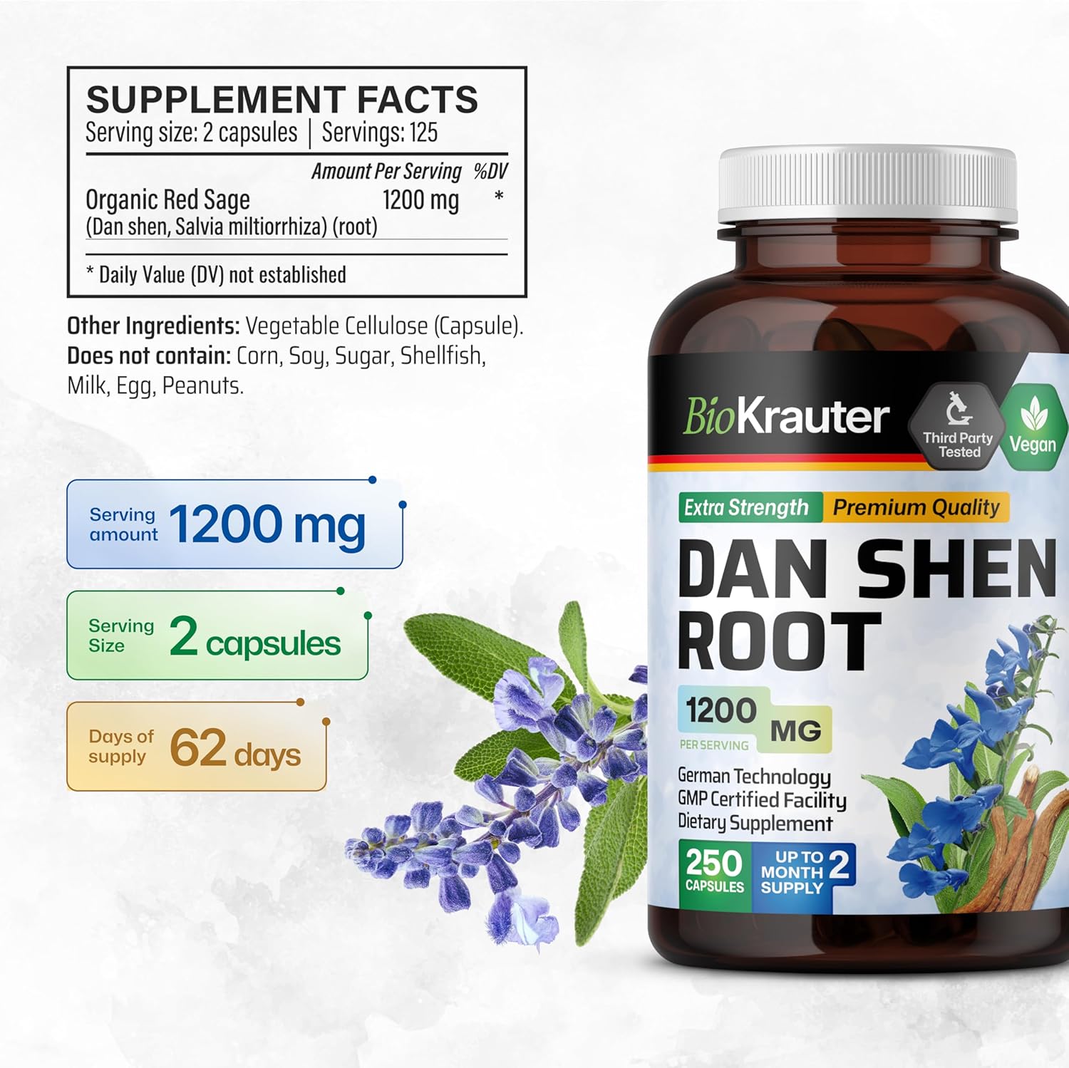 BIO KRAUTER Dan Shen Root Capsules - 1200 mg Strength - 250 Red Sage Caps - Antioxidant Source - Salvia Miltiorrhiza Root - Vegan - Image 3