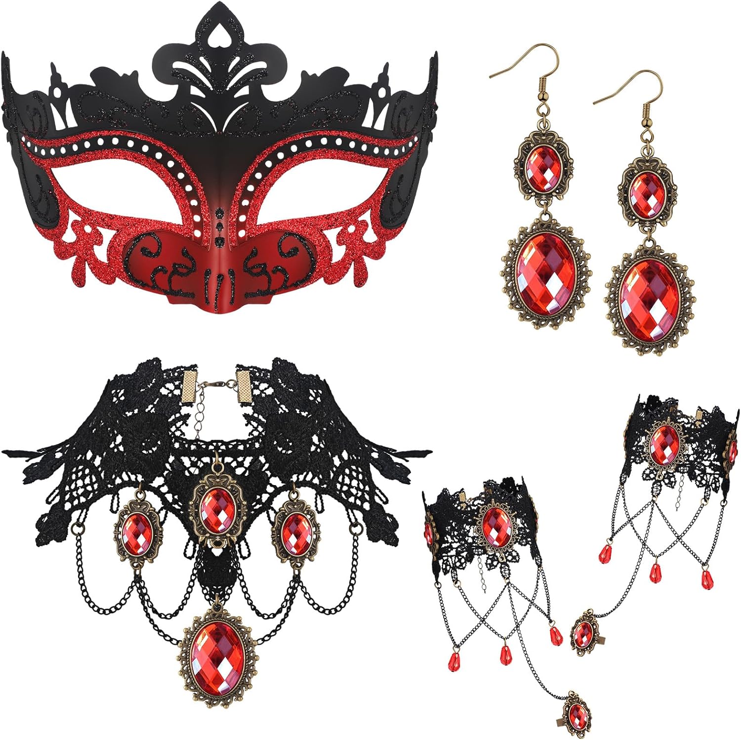 Libima Juego de 5 piezas de accesorios góticos de vampiro de Halloween, máscara de mascarada, collar y pulsera de encaje gótico