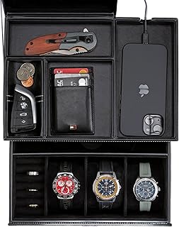 Mens Jewelry Box Organizer & Dresser Valet Tray - Premium Nightstand Station for Watches, Rings, and Accessories - Stylish Mens Dresser Top Organizer with Multiple Compartments and Soft Lining
