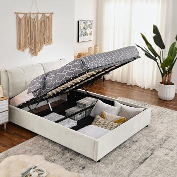 Queen Size Lift Up Storage Bed Frame with Thick Fabric Headboard, Queen Velvet Lift Up Storage Bed, Beige