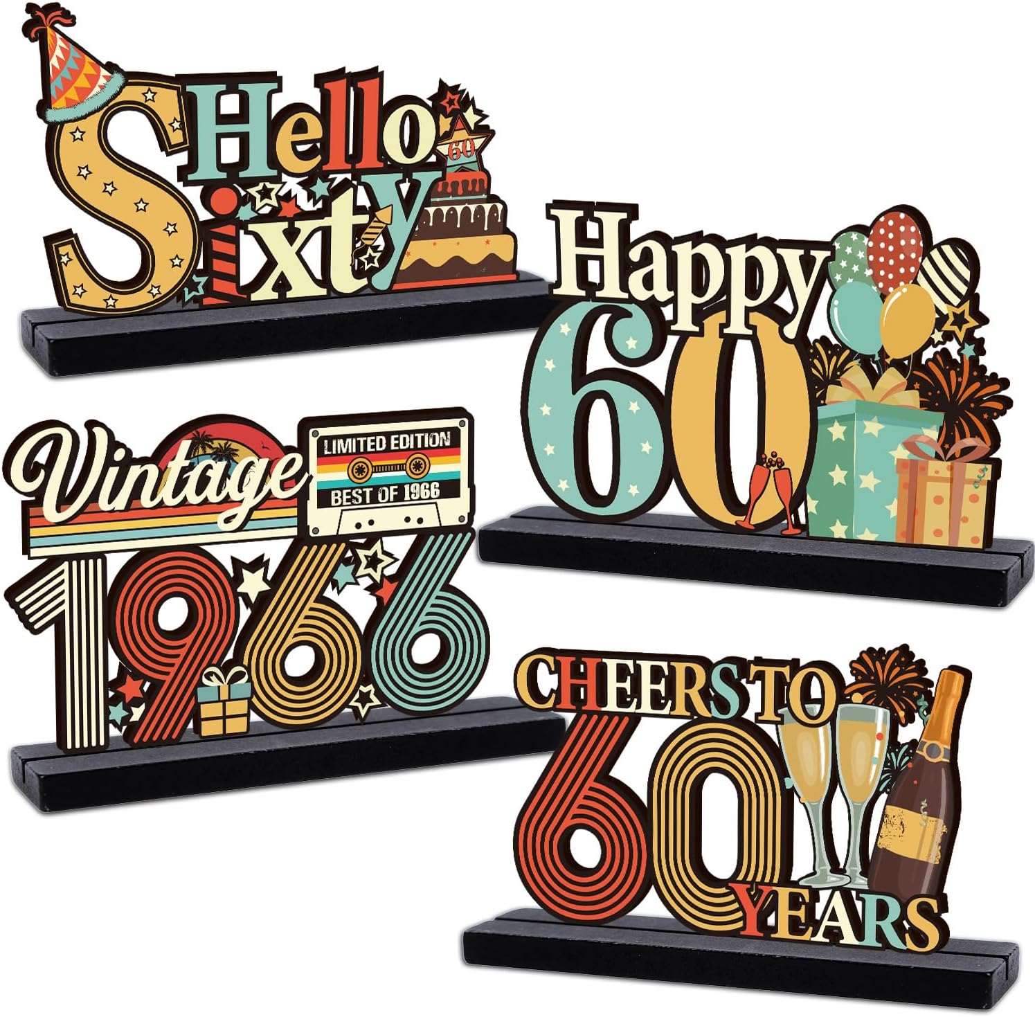 60th Birthday Decorations for Men Women - Colorful Vintage 1966 Sixty Birthday Wooden Centerpieces Table Decor, Cheers to 60 Years Old Bday Table Topper Sign Party Supplies