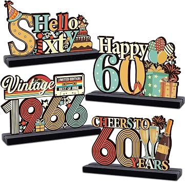 60th Birthday Decorations for Men Women - Colorful Vintage 1966 Sixty Birthday Wooden Centerpieces Table Decor, Cheers to 60 Years Old Bday Table Topper Sign Party Supplies