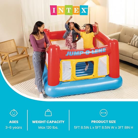 Intex Inflatable Jump-O-Lene Trampoline Bounce House with Crawl-Thru Door & Net - Indoor & Outdoor Backyard Blow-Up Bouncy Playhouse for Kids Ages 3-6