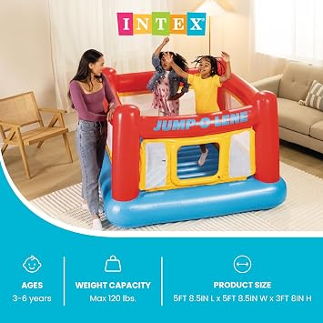 Intex Inflatable Jump-O-Lene Trampoline Bounce House with Crawl-Thru Door & Net - Indoor & Outdoor Backyard Blow-Up Bouncy Playhouse for Kids Ages 3-6