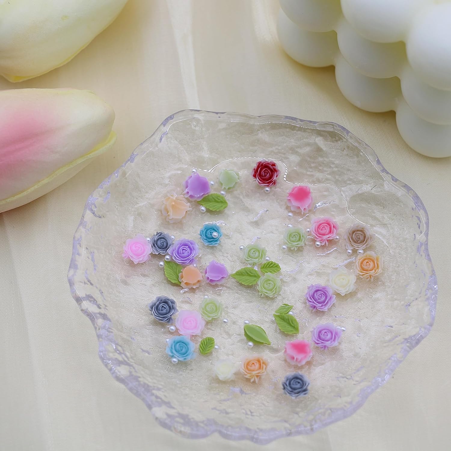 Flower Nail Art Charms,Colorful Resin Rose Charms with Leaves and Silver Round Caviar Beads,3D Nail Decor Accessories for DIY Manicures,Crafts Design,Jewelry Making image 5