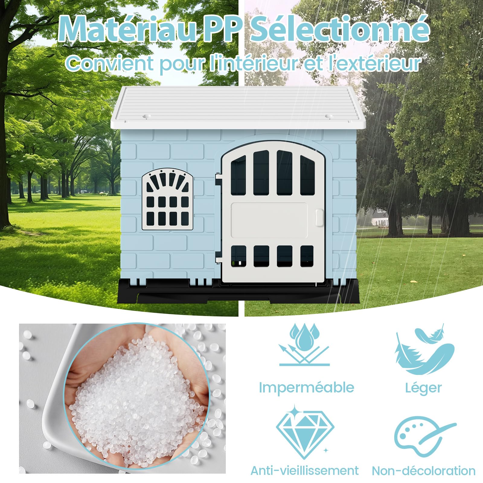 COSTWAY Niche pour Chien Pliable Exterieur Interieur, Plateau de Toilette Amovible, Porte Verrouillable, Cage Chien Chat en PP, 3 Fenêtres, Toit Incliné, pour Chiot Chat Lapin (75 x 57 x 68 cm,Bleu)