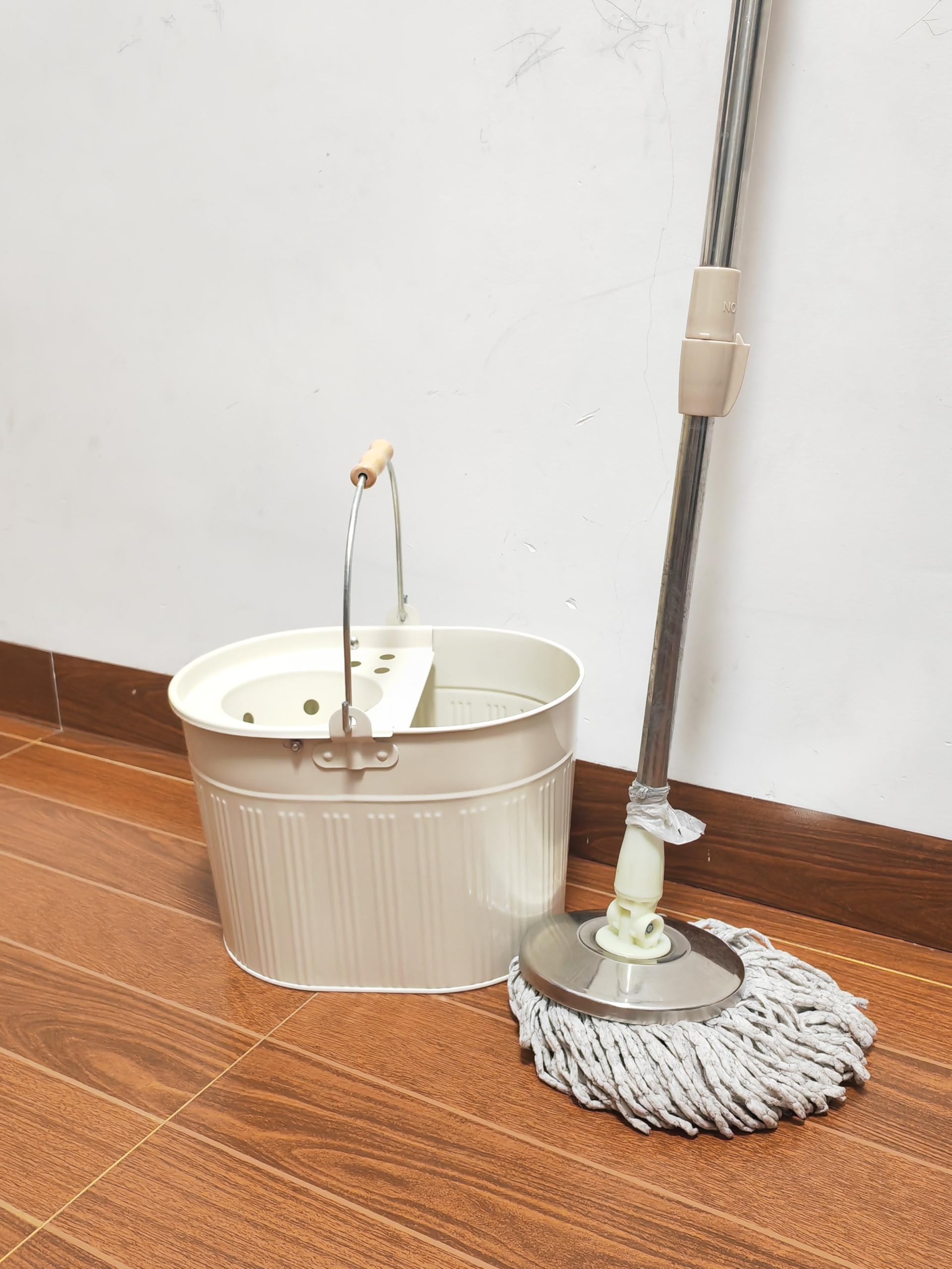 Cubo de acero galvanizado para fregona de 13 litros, grande, industrial, reforzado, resistente, de acero para limpieza general en casa y oficina (blanco roto)