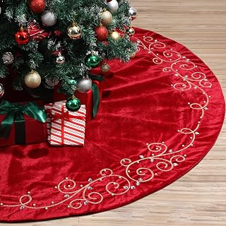 60inch Extra Large Christmas Tree Skirt Red Luxury Velvet Plush Fur Skirts Baroque Tree Skirts with Gold Embroidered Pearls and Crystals Trees Skirt for Christmas Holiday Party Home Decorations