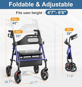 HOMLAND Folding Rollator Walker with Seat, Portable Walkers for Car Trunks