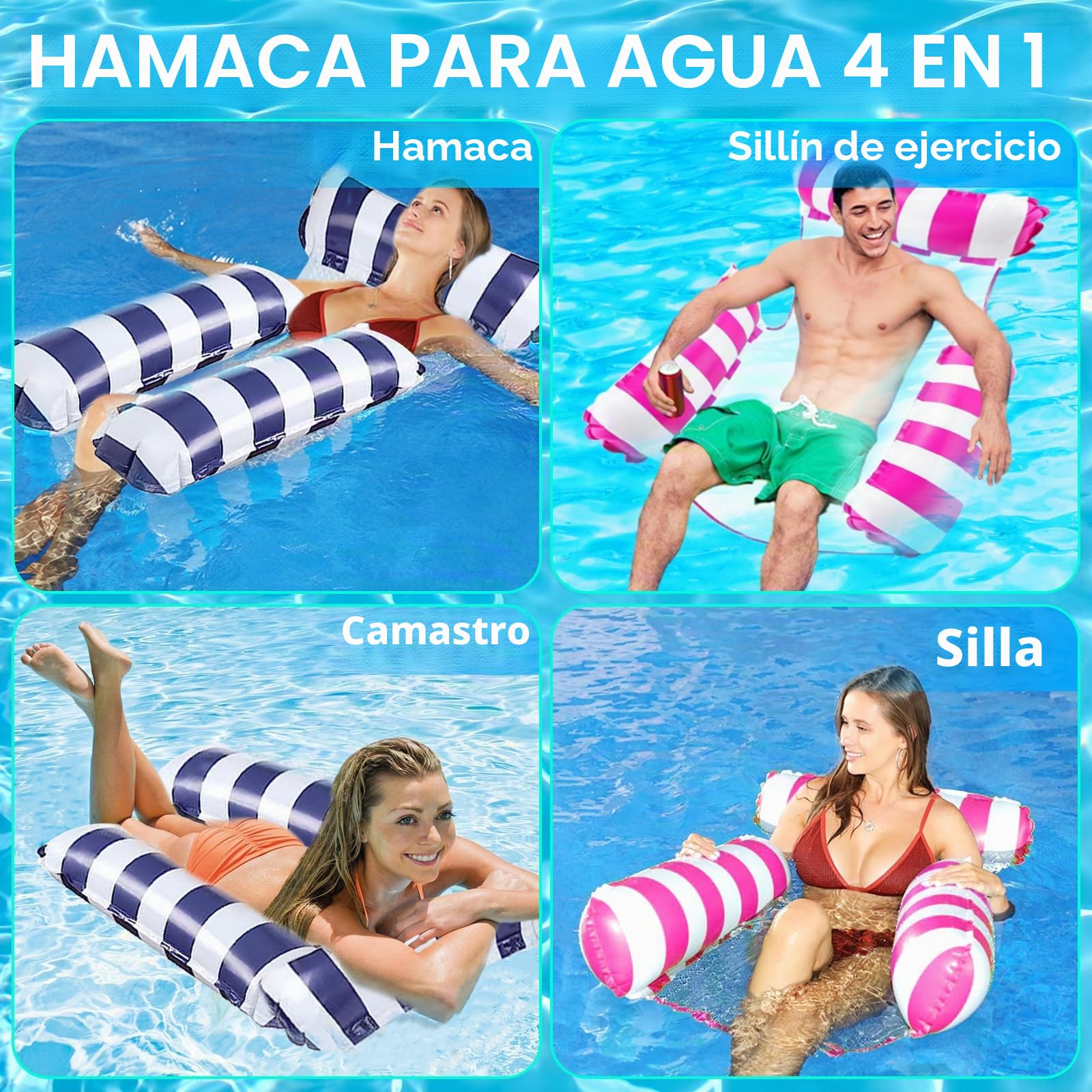 Pack De 2 Hamacas Flotantes Inflables 4 En 1 Para Piscina – Tumbona, Asiento, Flotador Y Hamaca, Con Bomba Manual Incluida, Soporta 150 Kg, Ideal Para Adultos Y Niños En Verano