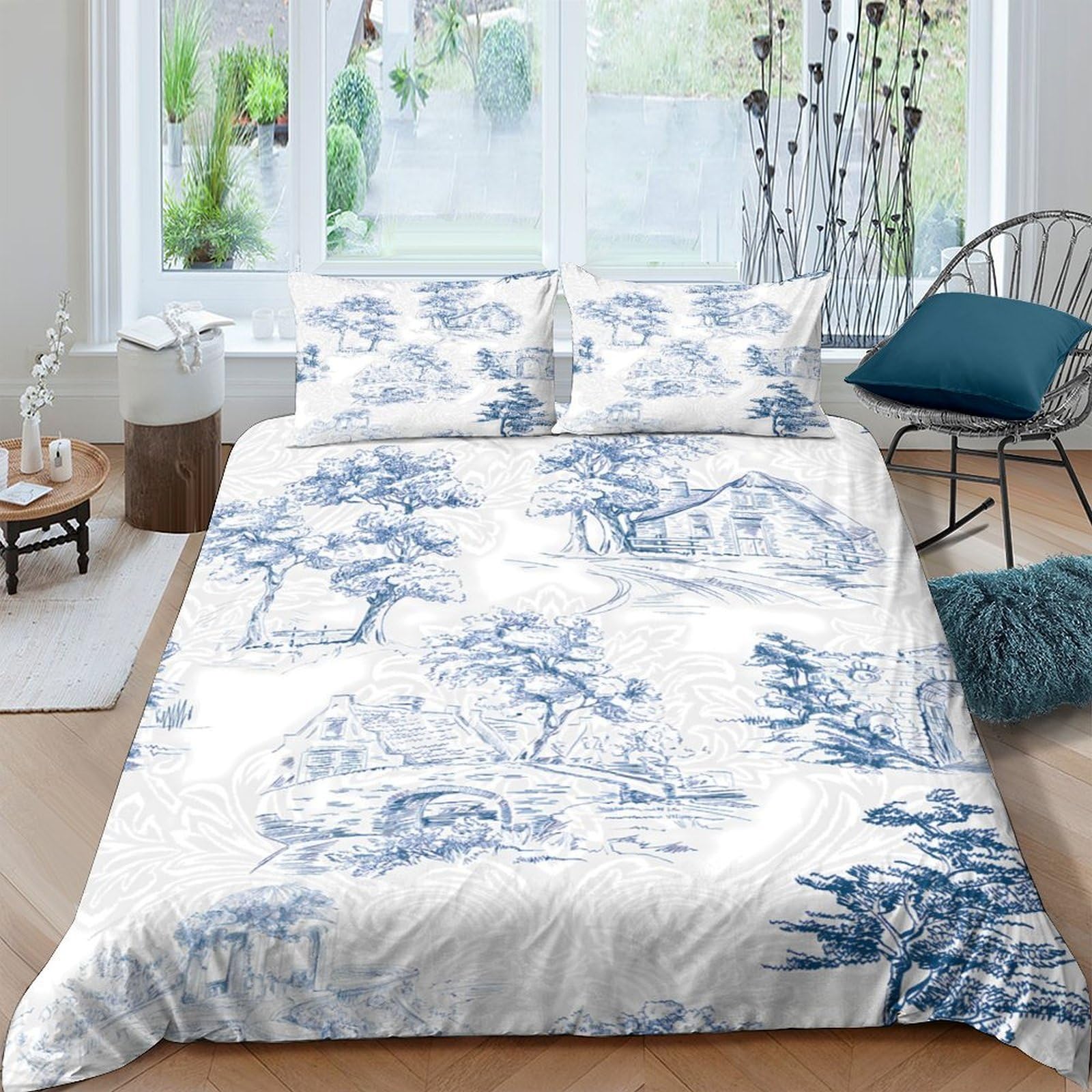 Ctjqhvkz Style-2 3D Printed Blue Willow Landscape Fitted Sheet Microfiber Soft Anti-Slip Chinese Ink Mattress Cover For Bedroom Guest Room Decor Single（135X200cm）