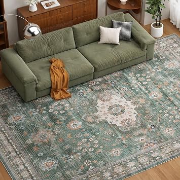 COHOME Green 2x3 Washable Entry Rug, Non-Slip TPE Low Pile for Kitchen Bathroom Door Mat, Stain & Pet Resistant, Vintage Farmhouse Floral Decor