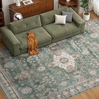 COHOME Washable 3x5 Entryway Rug, Non-Slip TPE Low Pile Area Rug for Large Kitchen Bedroom Mudroom, Distressed Green Boho Aesthetic, Stain & Pet Resistant