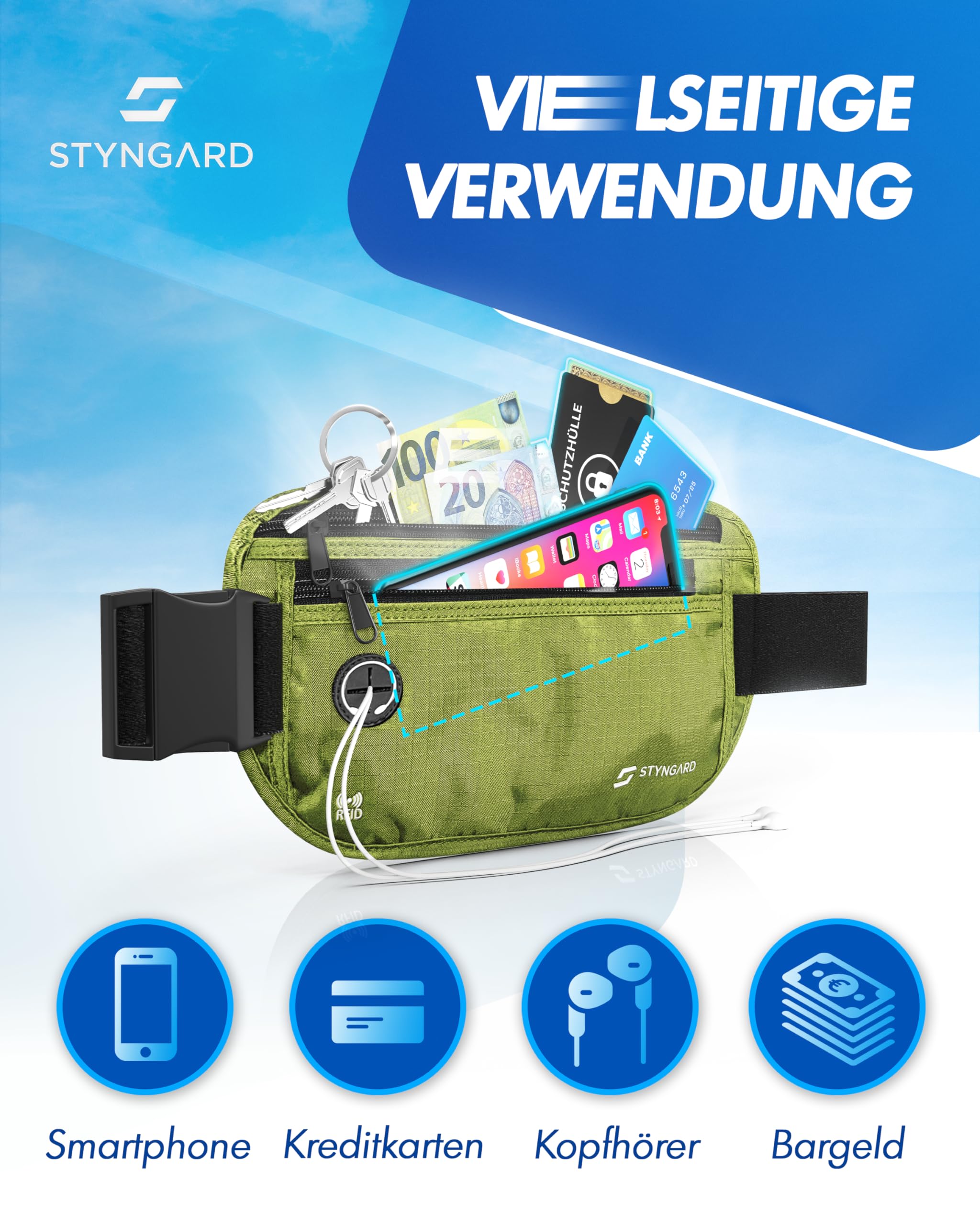 Flache Bauchtasche diebstahlsicher RFID Schutz - Geldgürtel zum Umhängen - Reise Bauchtasche mit Diebstahlschutz - Brustbeutel Damen und Herren Sport - STYNGARD - Modell Madrid