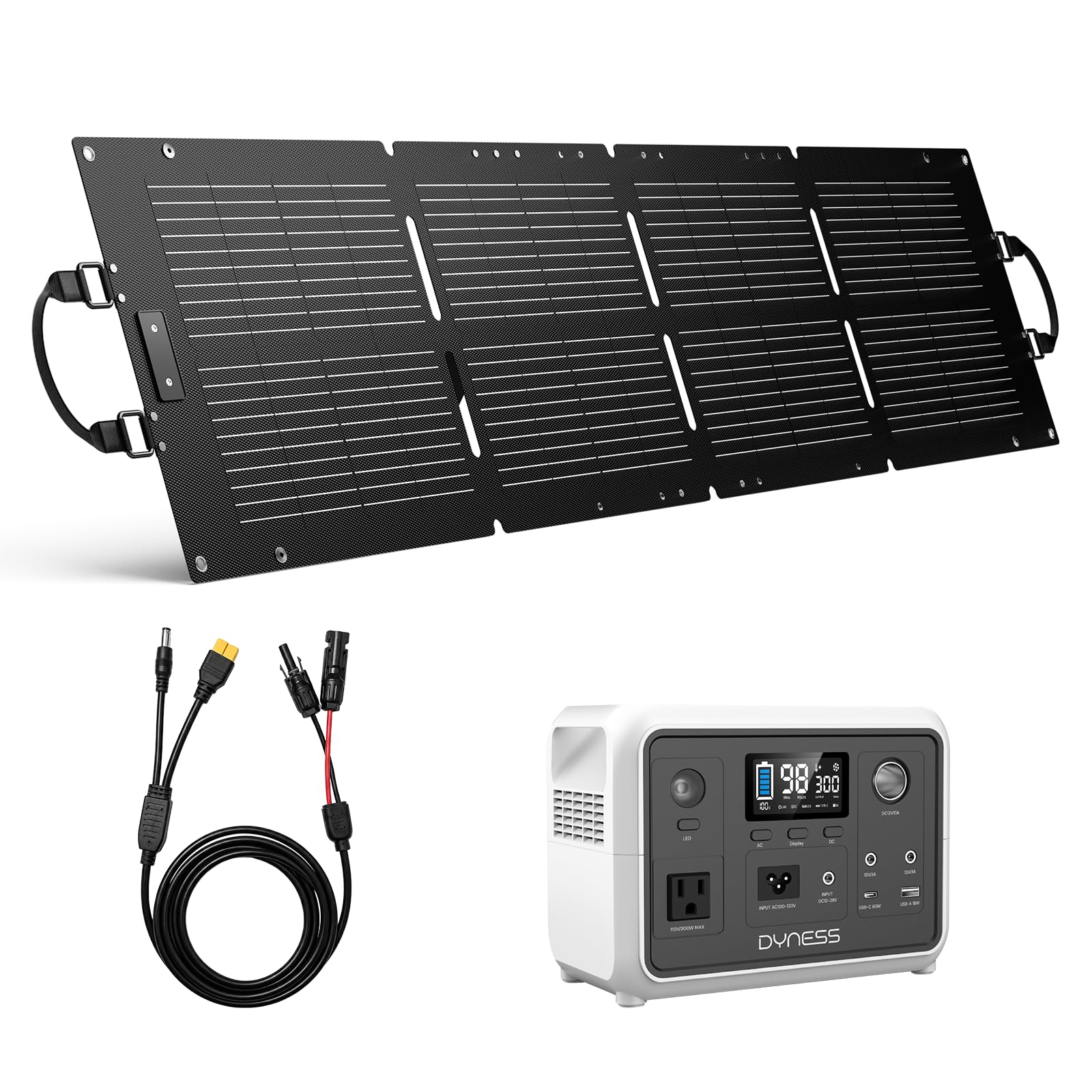 Dyness Estación de energía de 300 W con panel solar de 100 W, batería LiFePO4 de 256 Wh, enchufe de CA, generador solar con 6 salidas y 4 opciones de carga, corriente de emergencia para camping