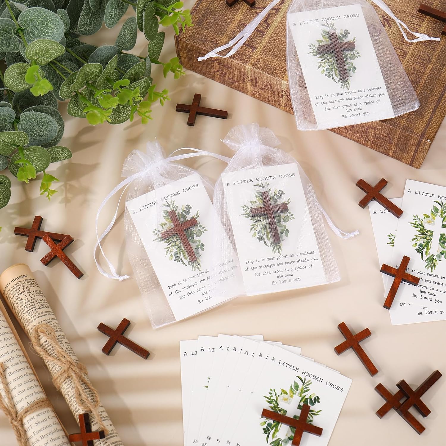 FYSUIMU 60 Sets Pocket Hug Token Gift Eucalyptus Leaf Greeting Cards with Mini Wooden Cross Organza Bags for Christian Wedding Favors Memorial Keepsake