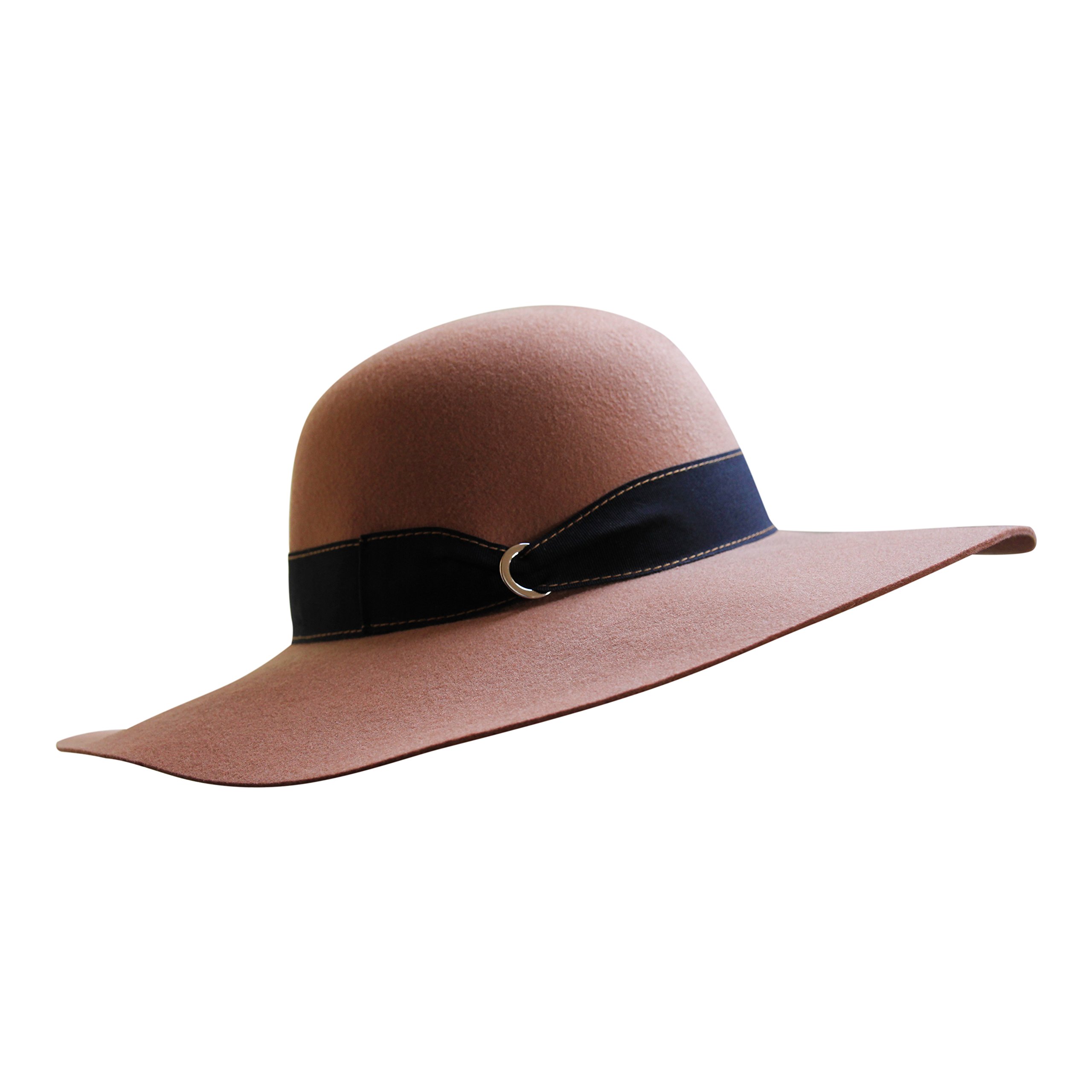 B&S Premium Julia Ribbon - Wide Brim Ladies Hat - 100% Wool Felt with Ribbon Trim - Water Resistant - Caramel - 60cm