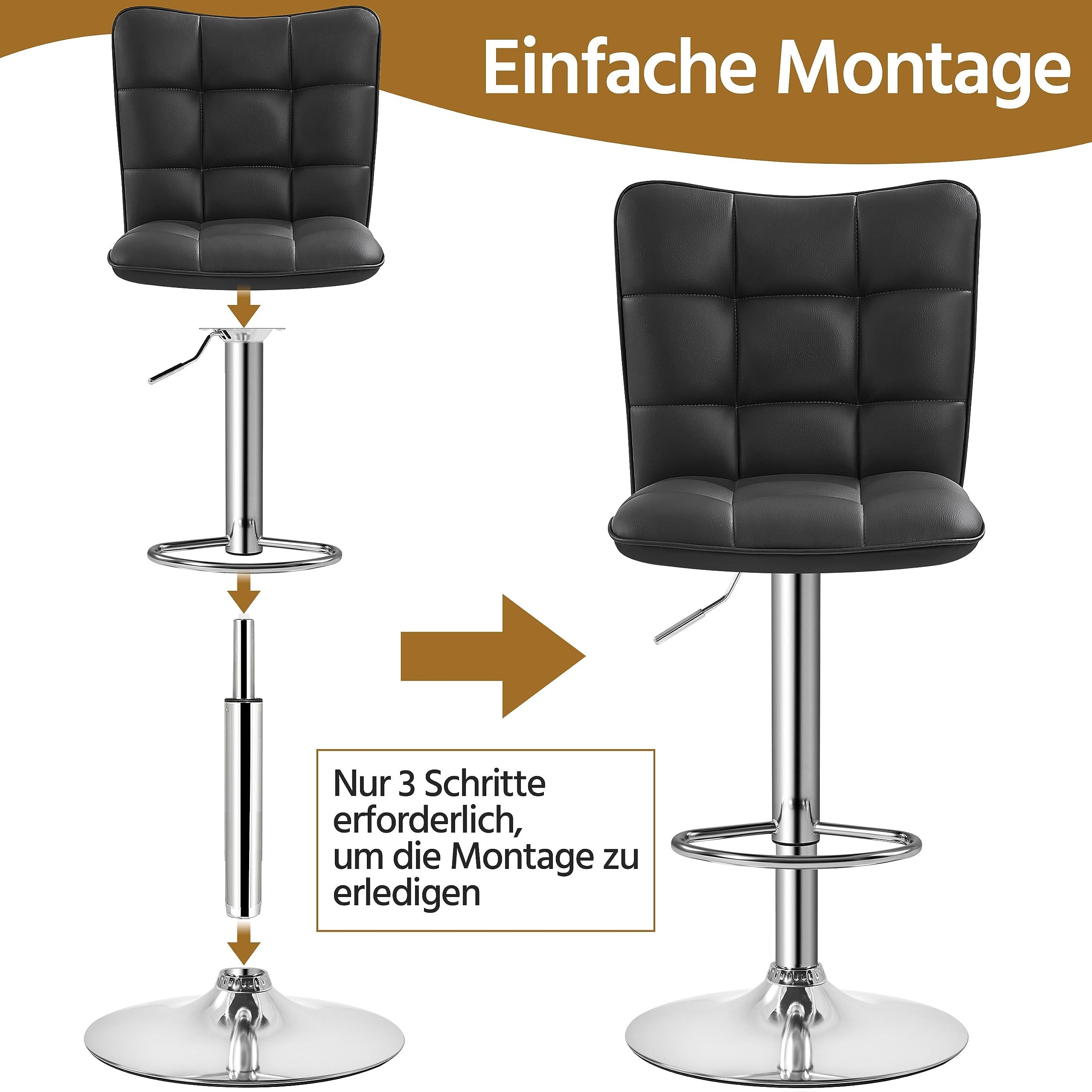 Yaheetech 2er Set Barhocker Barstühle 360°Drehbar Küchenstühle mit Rückenlehne und Fußstütze, Barstuhl PU-Kunstleder Sitzhöhe 62,5 cm - 83 cm für die Küche/Bar/Salon, Höhenverstellbar Schwarz