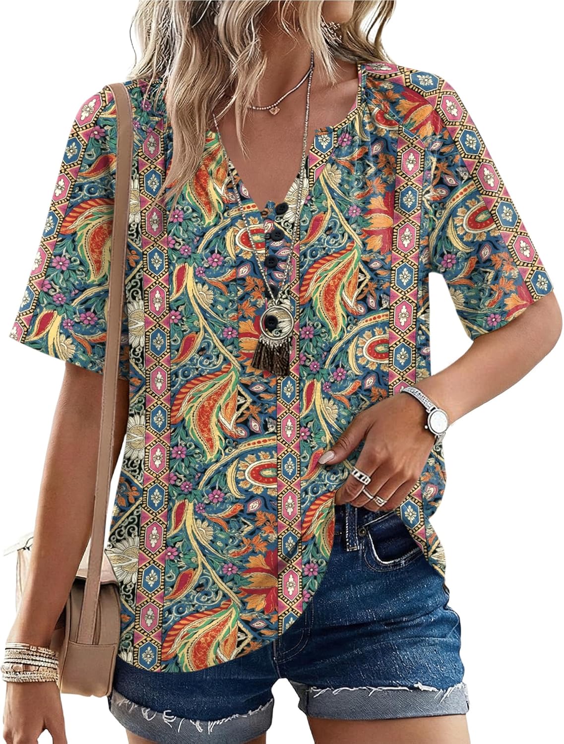 Rapbin Womens Summer Boho Tops Casual Short Sleeve Blouses Button Down Shirts 2026 Beach Vacation Clothes - Image 2
