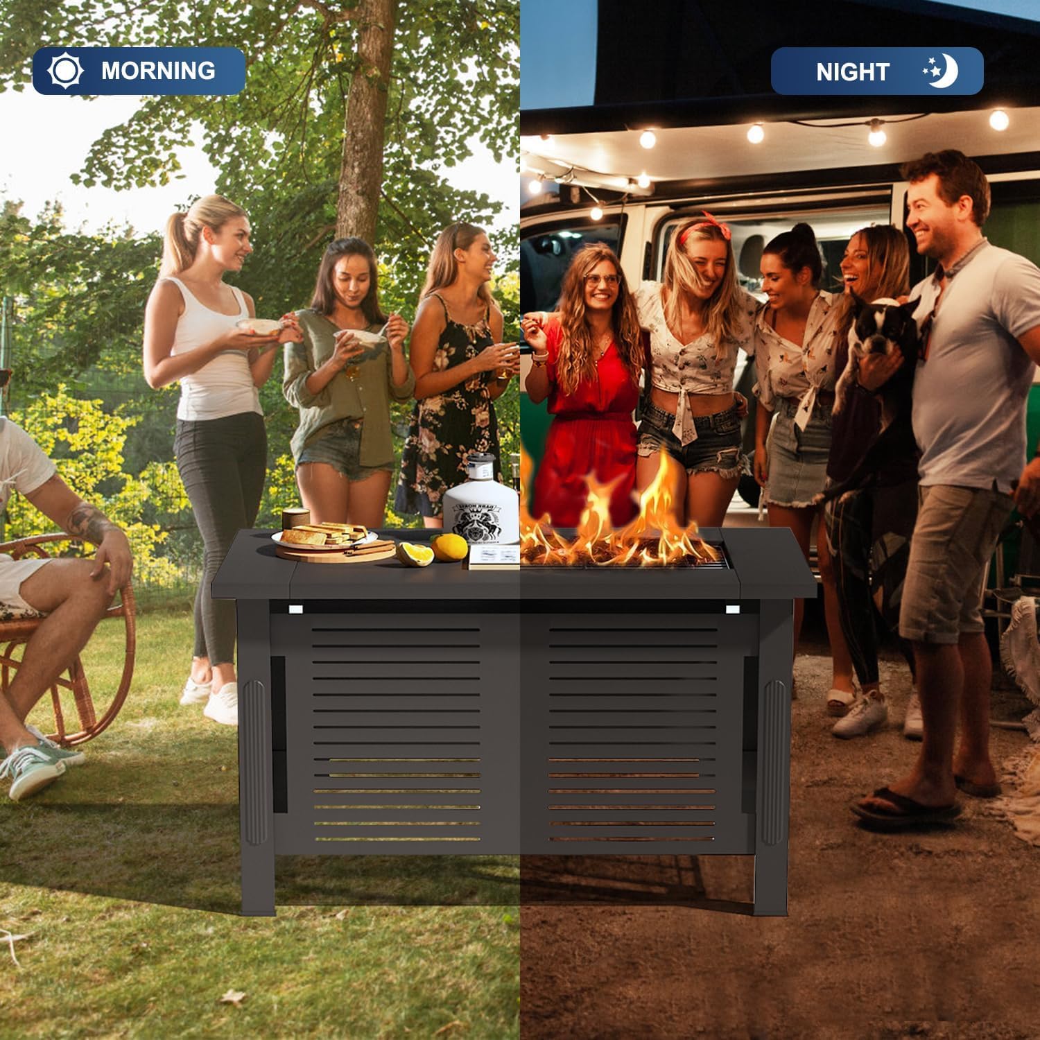 U-MAX Fire Pit Table, 43 Inch Wood Burning BBQ Grill Firepits, Metal Fireplaces with Waterproof Cover, 3 in 1 Fire Pits for Outside Party Barbecue Camping Picnic on Deck Backyard Garden, Black