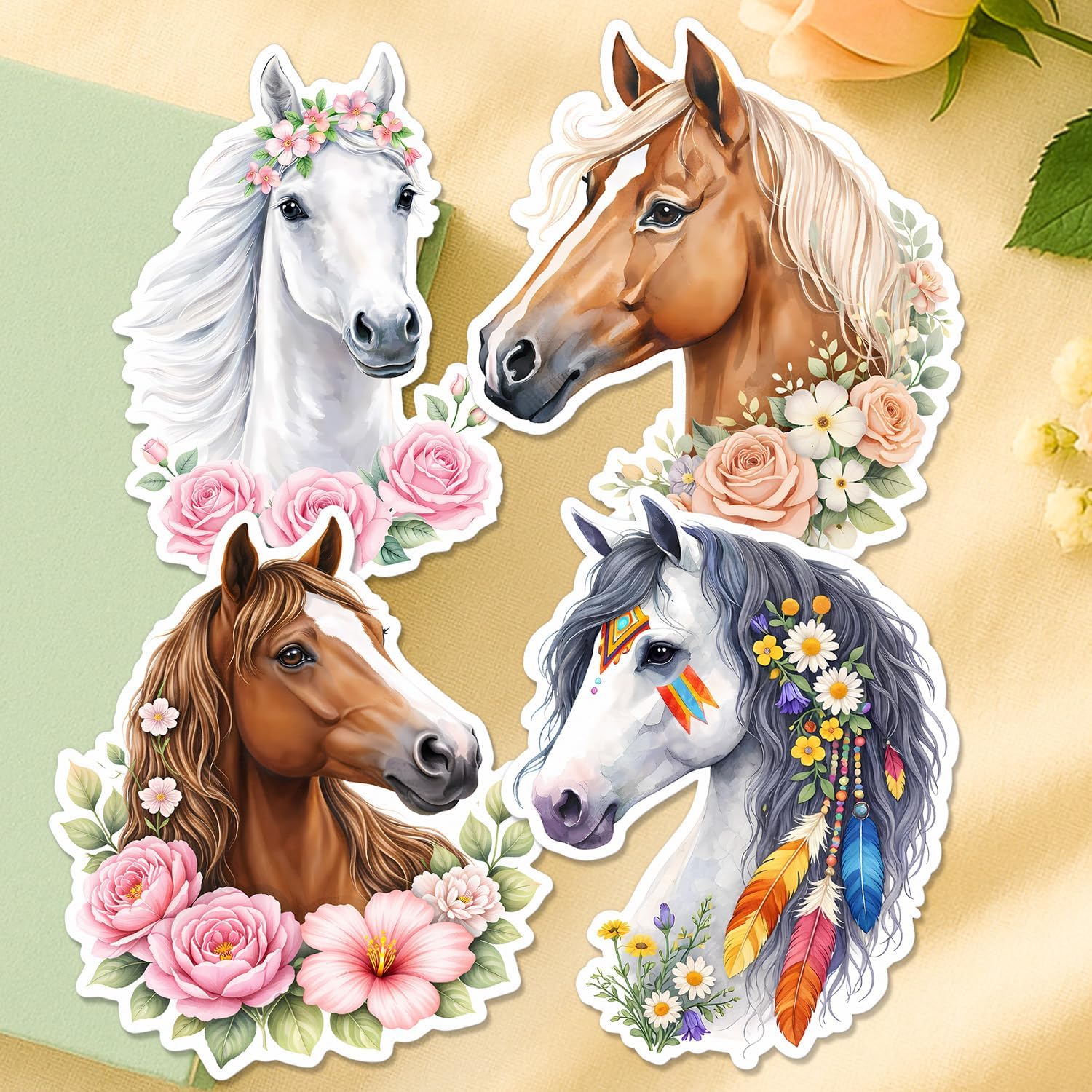(4Pcs) Horse Stickers – Waterproof UV DTF Vinyl Horse Decals for Water Bottles, Laptops & Journals – Floral Horse Stickers for Girls, Horse Lovers & Equestrian Decor Accessories