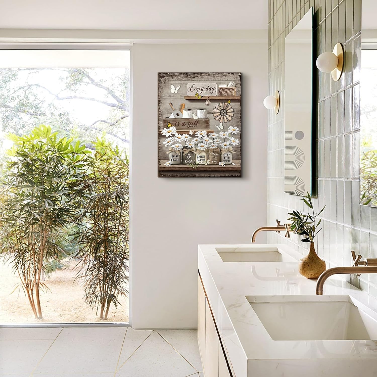 RAMEFLAO Rustic Daisy Wall Art: Vintage Canvas Print Flower Butterfly Painting - Farmhouse Rustic Decor For Bathroom, Bedroom - Ready To Hang 12x16 Inch