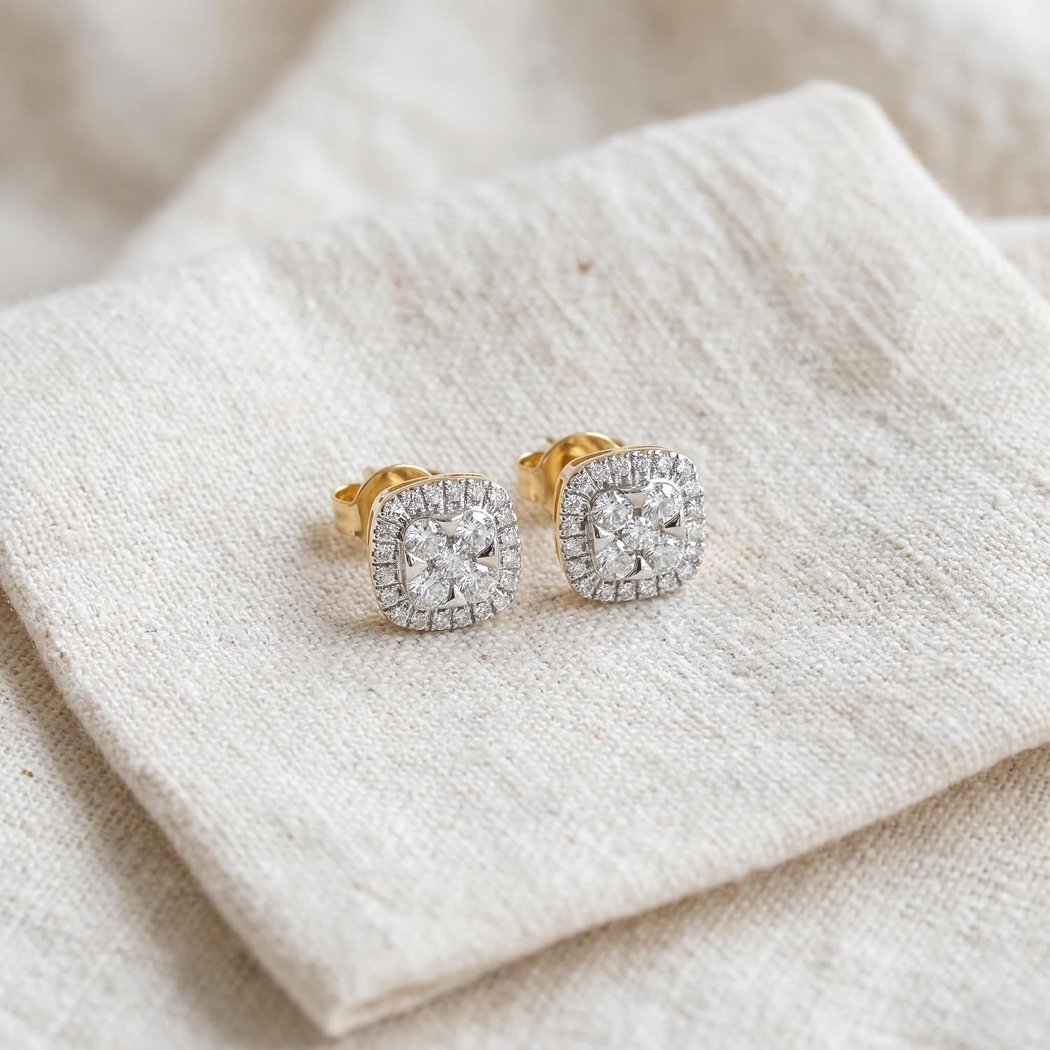 Pompeii 1Ct T.W. Pave Diamond Cushion Halo Studs 10k Yellow Gold Lab Grown Earrings (G,VS2)