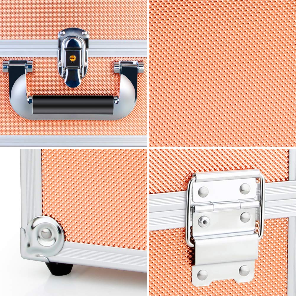 OUDMAY Makeup Case - Professional Portable Aluminum Cosmetics Storage Box With Locks and 1 Side Folding Trays Punctate Rose Golden