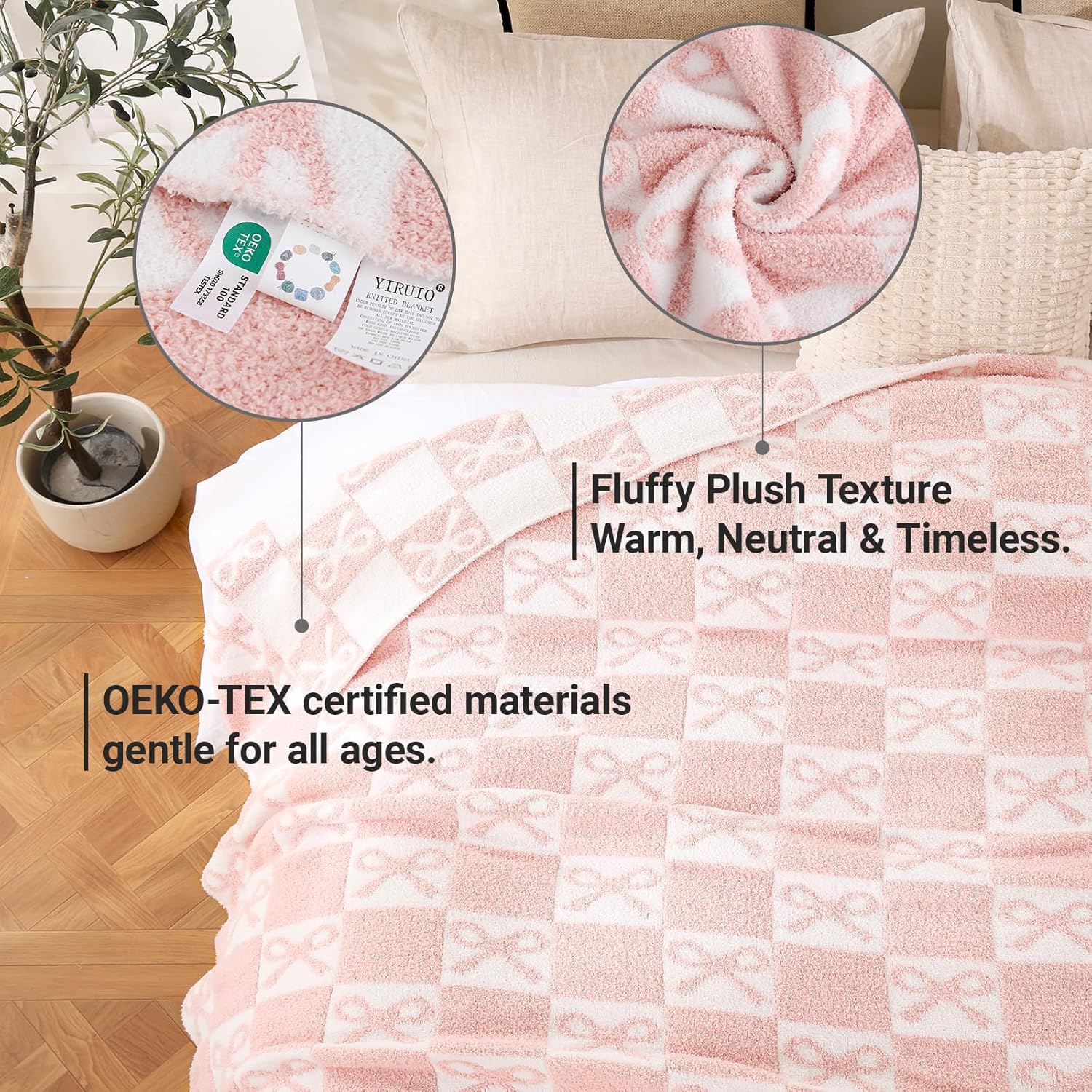 YIRUIO Pink Checkered Knit Throw Blanket with Bow Pattern for Women Daughter 50x60 Ultra Soft Microfiber Reversible,Fluffy Fuzzy Cozy Throw for Bed, Sofa & Couch Home Decor - Image 5