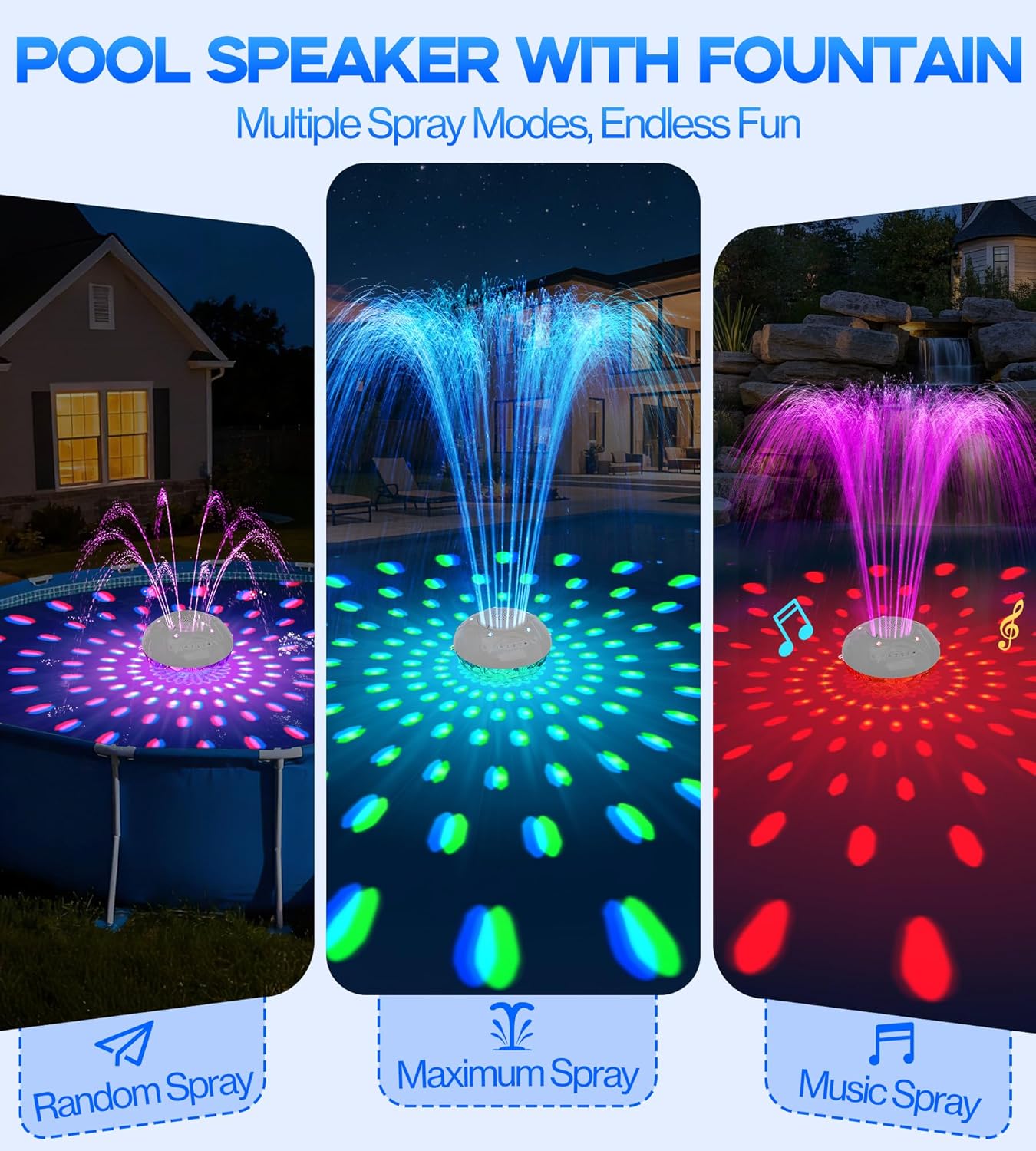 Luxfero 3 in 1 Pool Fountain with Bluetooth Pool Speaker, Floating Pool Fountain with Lights, IP68 Waterproof Hot Tub Speaker Pool Water Fountain Pump, BT5.4, Loud Sound Pool Fountain Speaker-White