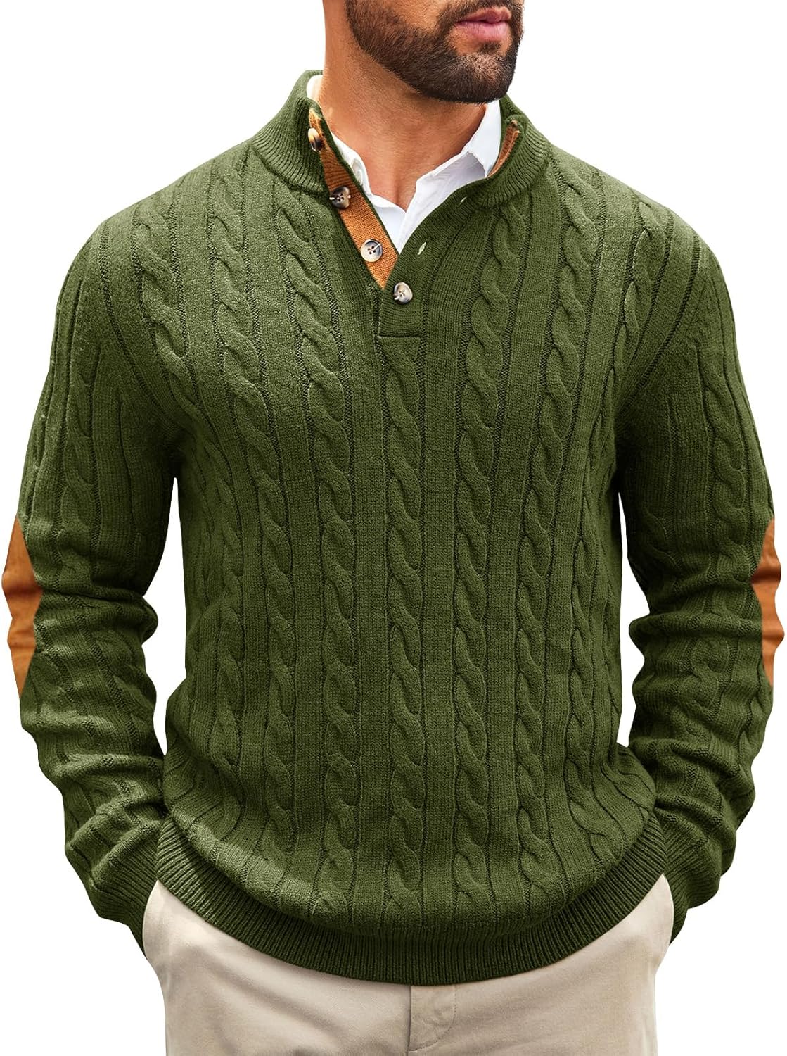 Runcati Mens Cable Knitted Pullover Sweater Casual Stand Collar Winter Warm Quarter Button Sweaters