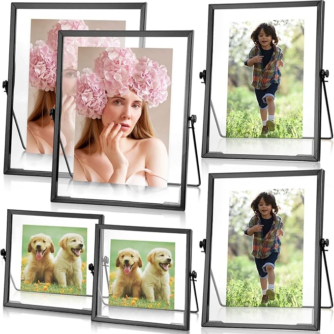Amyhill Set of 6 Metal Picture Frames Vintage Minimal Ornate Floating Frames 4, 6, 7 Inches Photo Antique Easel Stand Vertical Glass Holder for Pictures Photos Desk Tabletop Display(Gold)