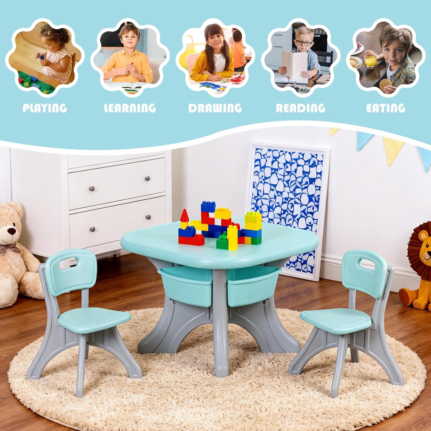 SUPER DEAL Kids Table and Chairs Set 3 Piece Plastic Children Activity Table with 4 Detachable Toy Storage Bins for Arts, Crafts, Snack Time and More, Safety Round Corners, Green