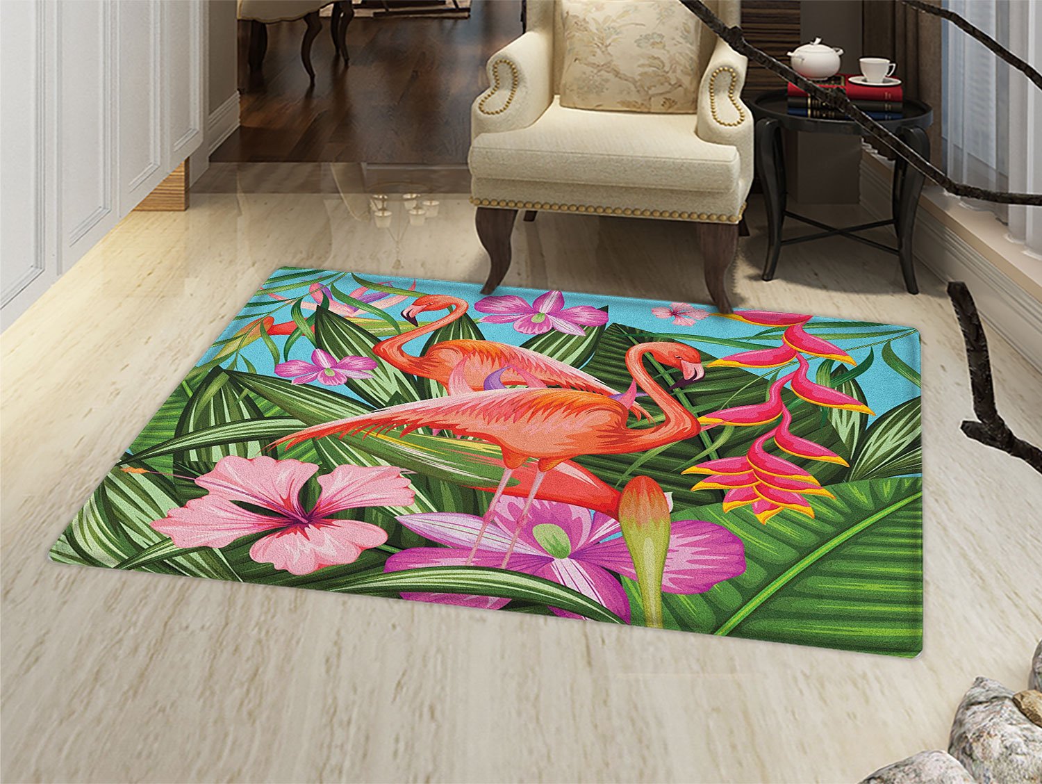 smallbeefly Flamingo Door Mats Area Rug Illustration of Flamingo with Tropical Garden Hibiscus Flower Plant Vintage Floor mat Bath Mat for tub Green Pink Blue