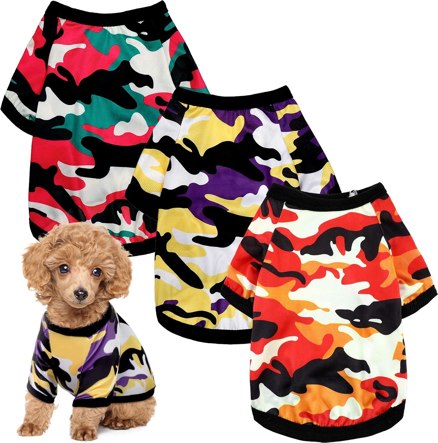 3 Pieces Dog Clothes Camo Shirts Pet Costume Clothes Comfortable Camouflage Puppy Tee Shirts Sweatshirt Breathable Dog Vest Pet Apparel for Small Medium Dogs Cats (Fresh Pattern,Large)