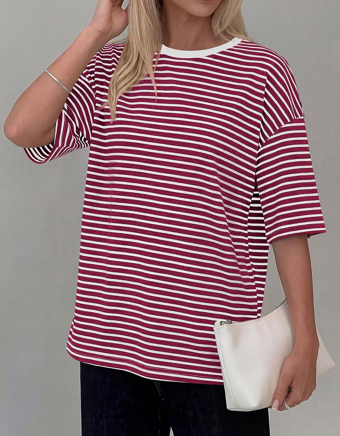 PRETTYGARDEN Women Short Sleeve Crewneck Ribbed Knit Oversized Tshirts 2026 Striped Summer Tops Basic Tee Casual Outfits