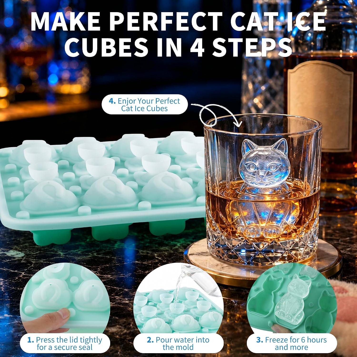 3D Cat Ice Cube Tray with Lid for Whiskey,1Pack Cat Ice Cube Mold Fun Shapes,8Cavity Silicone Ice Cube Tray with Funnel for Whiskey Bourbon,Cocktails,Brandy,Gift for Men