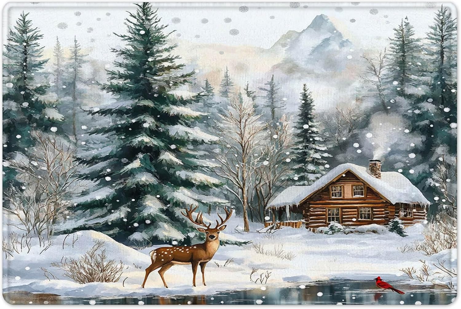 LB Christmas Deer Shower Curtain Sets with Rugs Winter Snowy Woodland Wild Animal Cardinal Fabric Shower Curtain with Hooks Rustic Farmhouse Nature Landscape Bathroom Curtains Shower Set, 70x70 inches