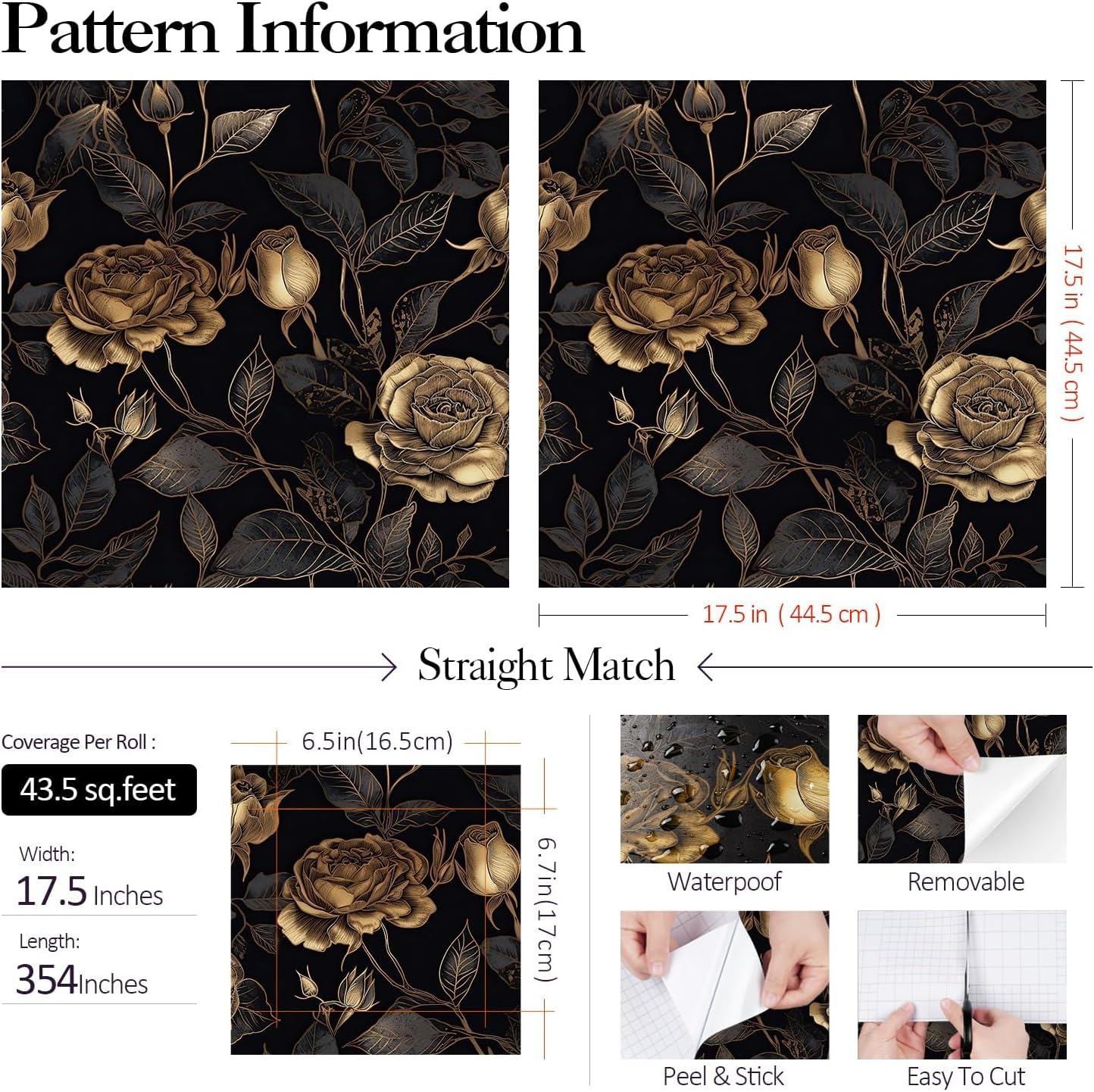 FunStick 17.5"x354" Black and Gold Floral Peel and Stick Wallpaper Vintage Moody Black Floral Wall Paper for Bedroom RV Walls Removable Vinyl Rose Flower Wallpaper Renter Friendly Dark Contact Paper